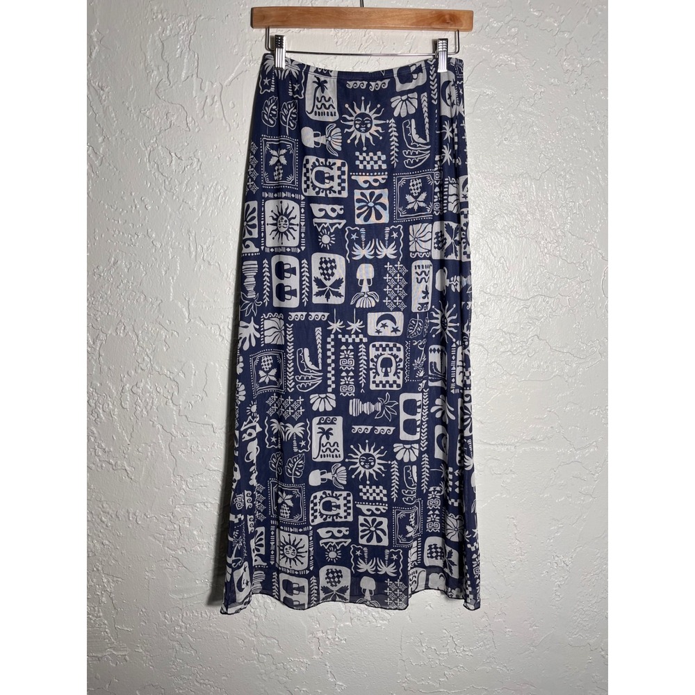 Women's XL Blue White Tropical Print Midi Skirt A-Line Pull On Boho Coastal